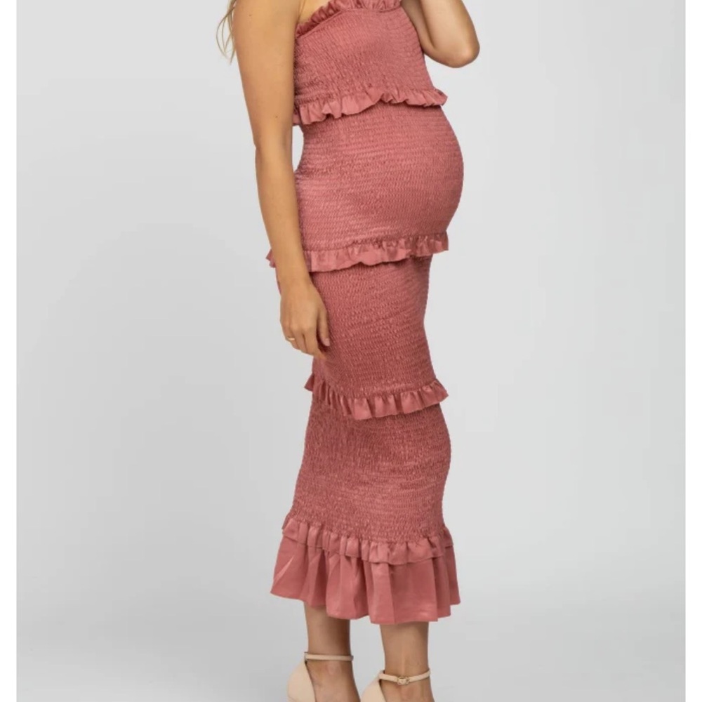 Pinkblush Mauve Satin Smocked Fitted Maternity Midi Dress